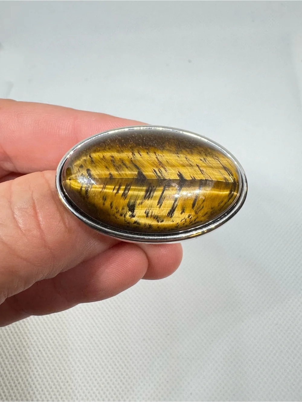 Large Genuine Tiger’s Eye Oval Statement Ring Silver Tone Size 6.5